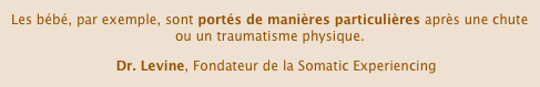 Les bébé, par exemple, sont portés de manières particulières après une chute ou un traumatisme physique.
   Dr. Levine, Fondateur de la Somatic Experiencing
B. Feldman, Praticien et formateur SE